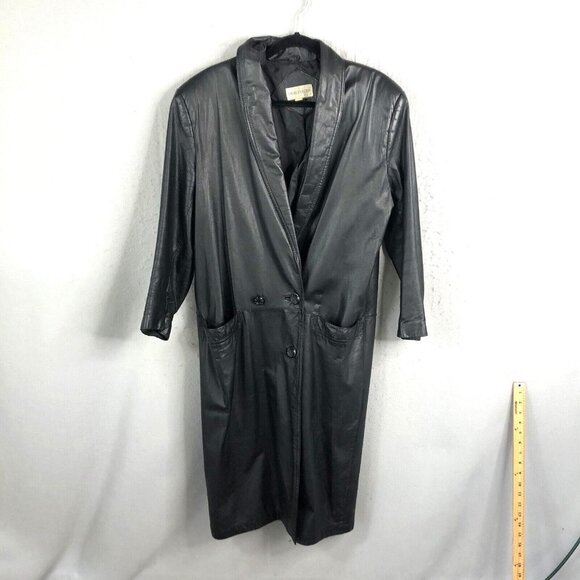 Vintage Charles Klein Leather Trench Coat Mens Medium Black Full Length Retro
